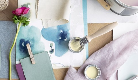 white and pink paint pot samples with fabrics